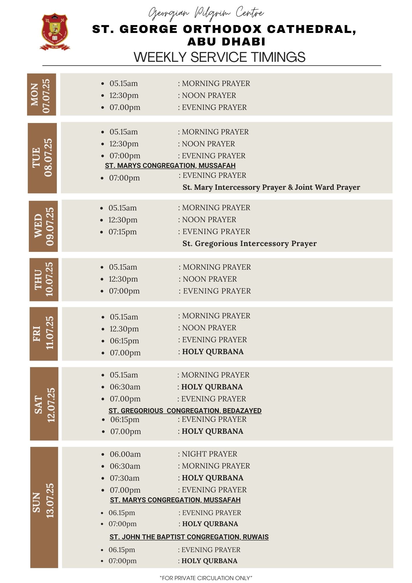 07July-13July 2025 Weekly service timings