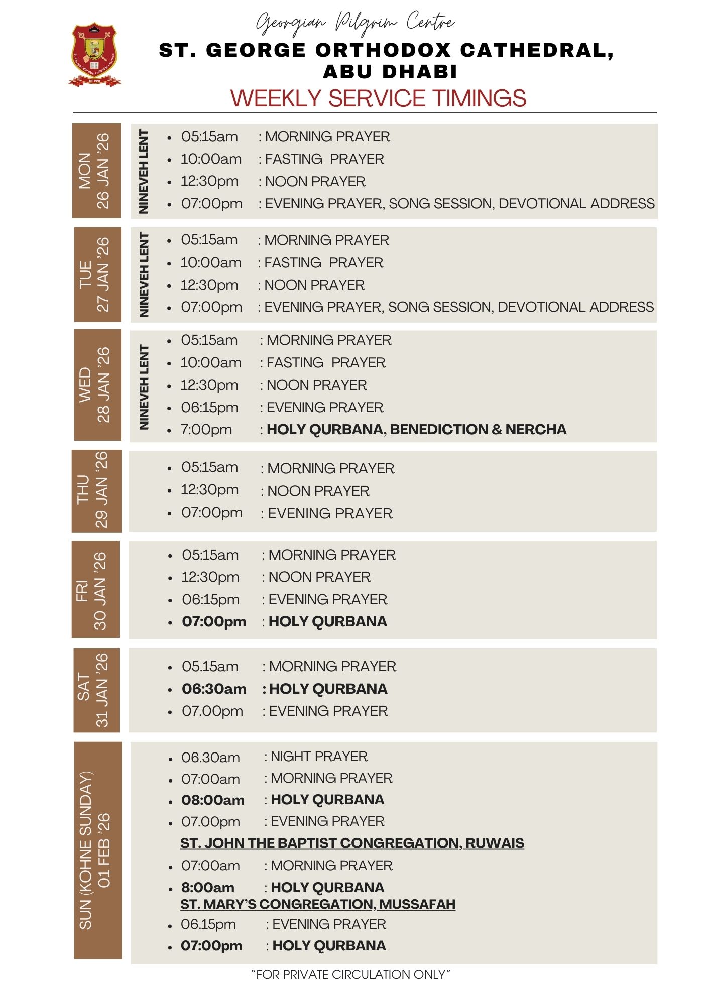 Weekly Service Timing (26 Jan to 01 Feb-'26)