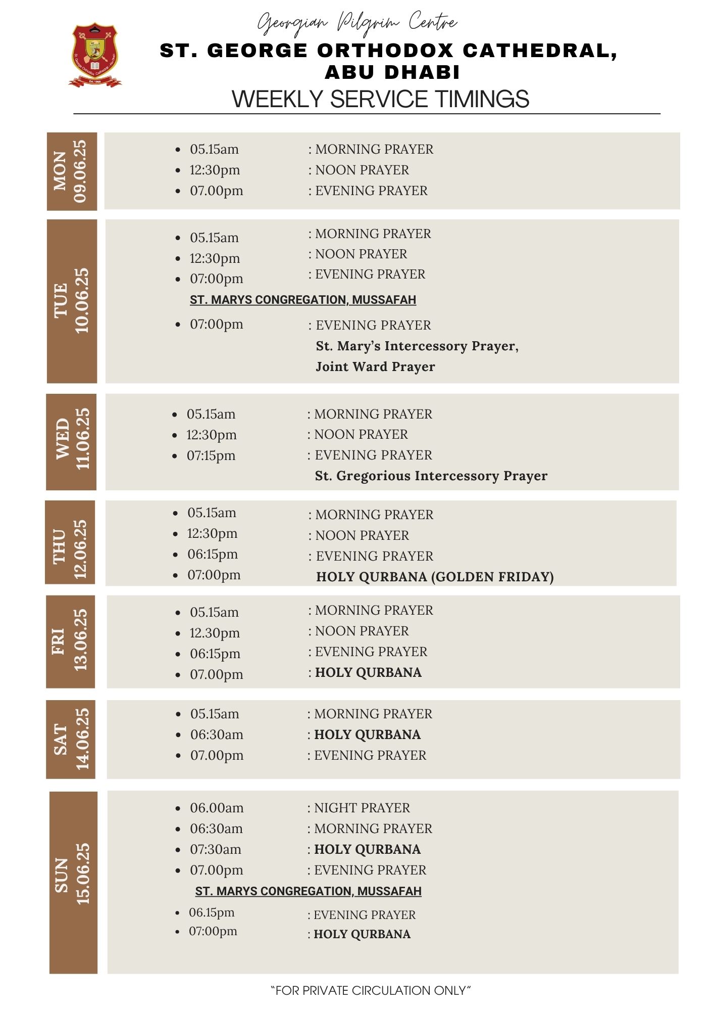 09 June- 15June 2025 Weekly Service Schedule