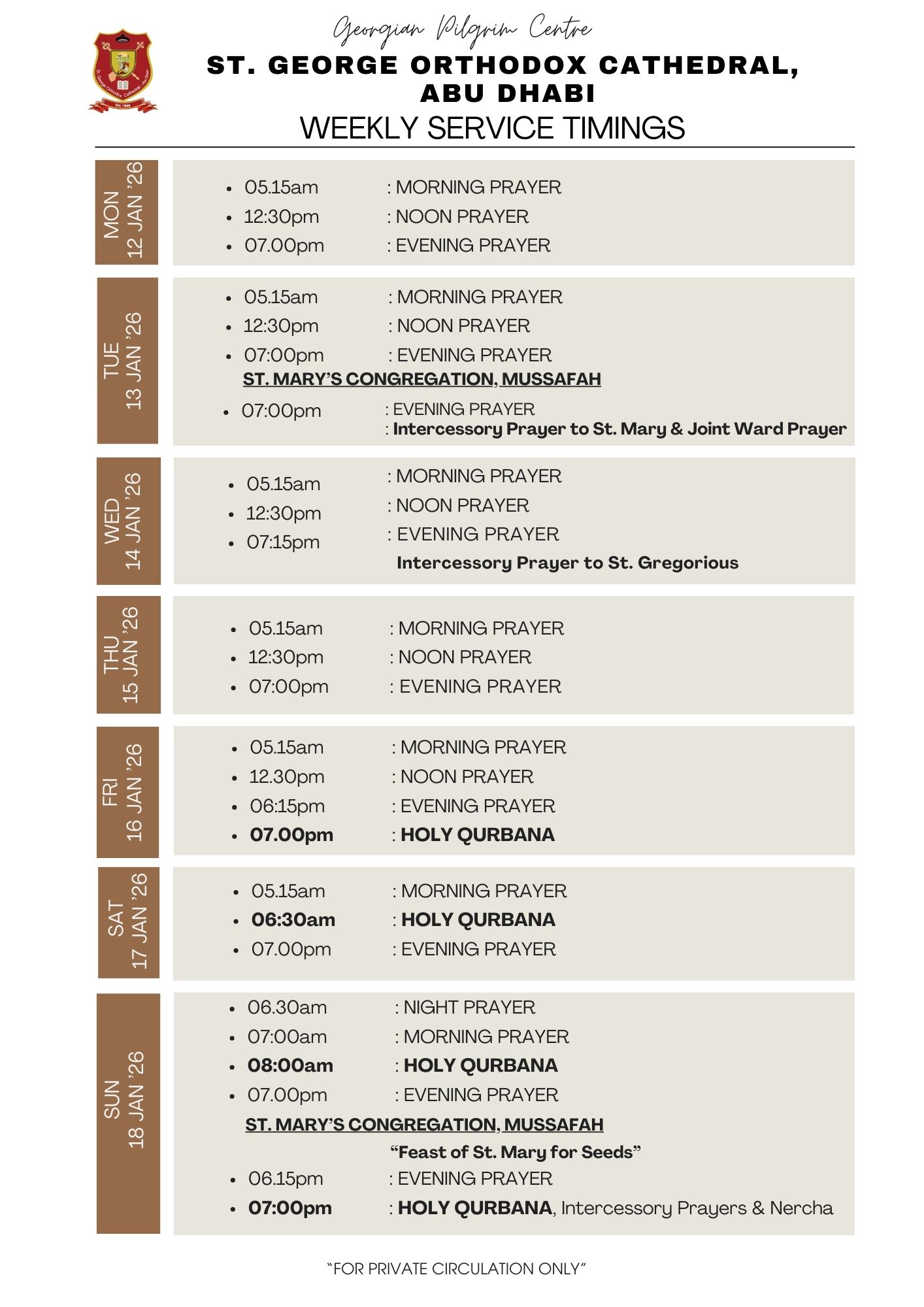 Weekly Service Timings (12 Jan -18 Jan 2026)