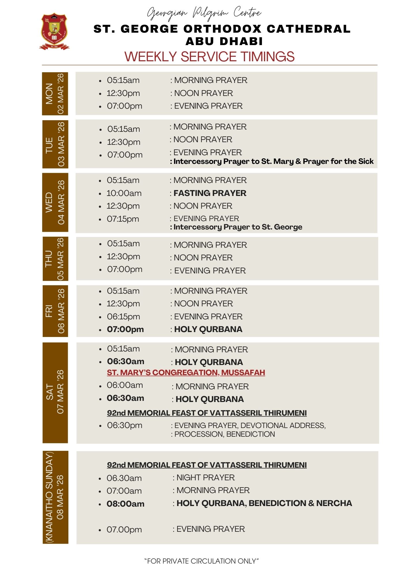 Weekly Service Timing  (02 Mar to 08 Mar'26)