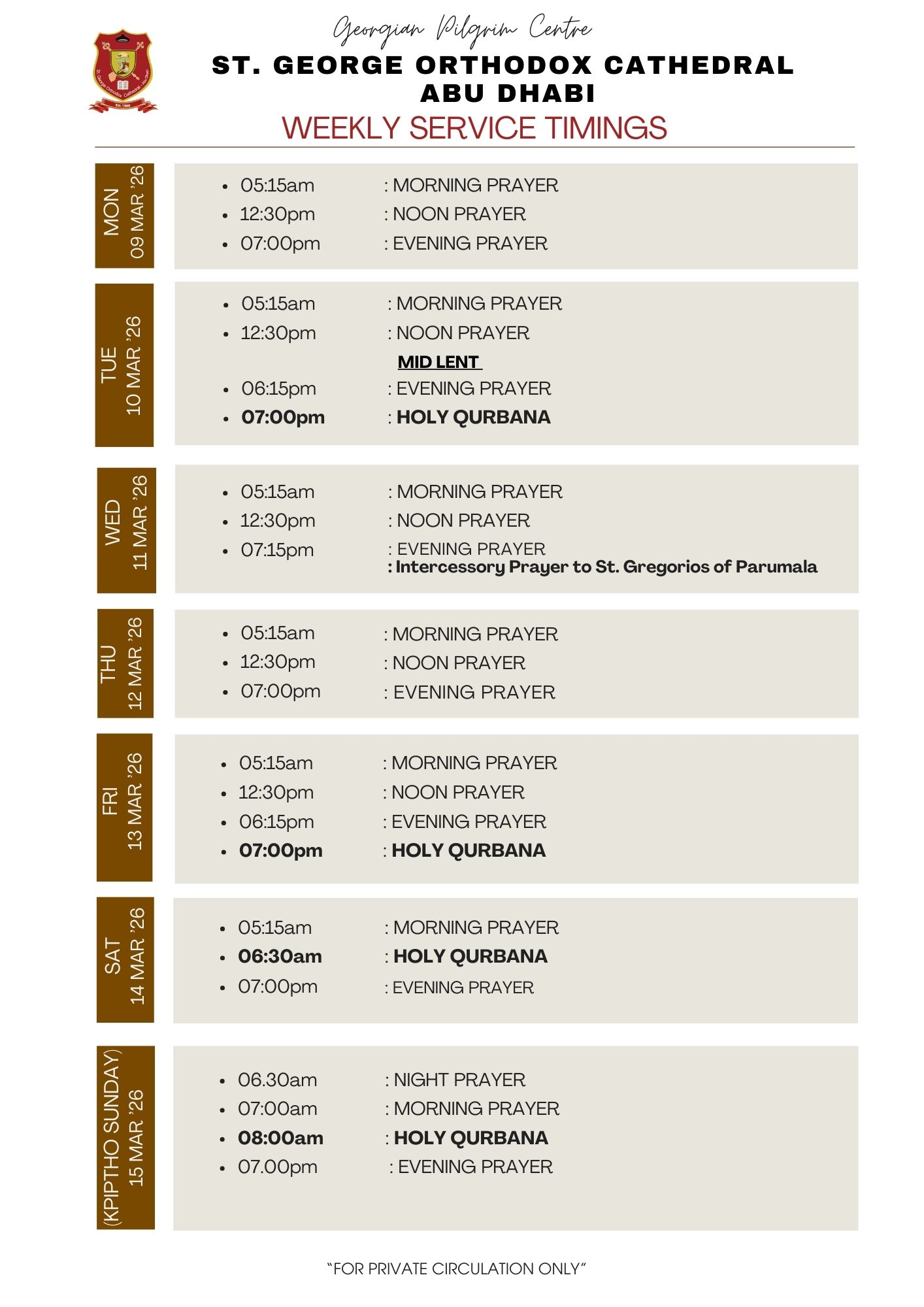 Weekly Service Timing (09 Mon - 15 Sun March'26)