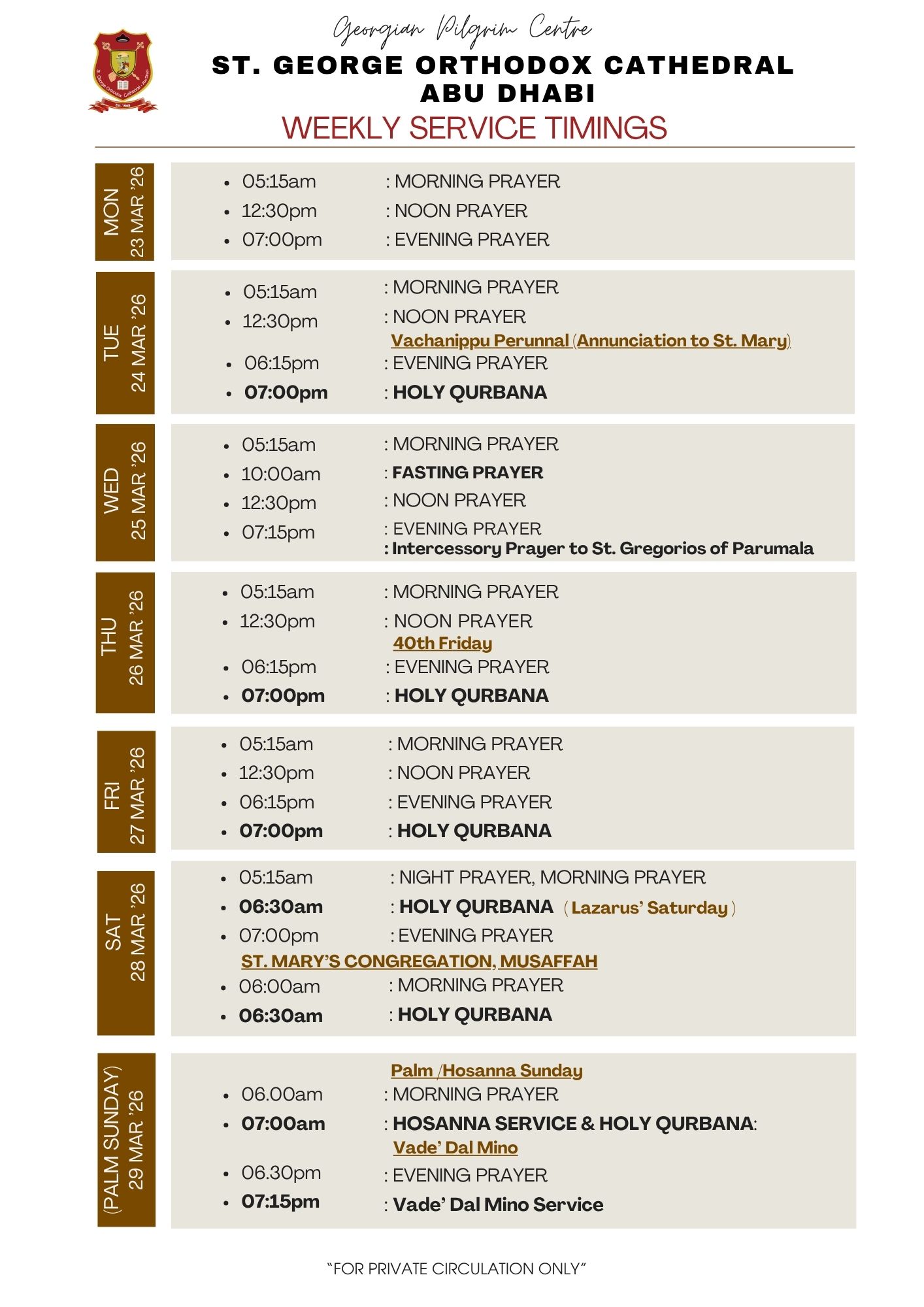 Weekly Service Timing (23 March Mon  to 29 March Sun)