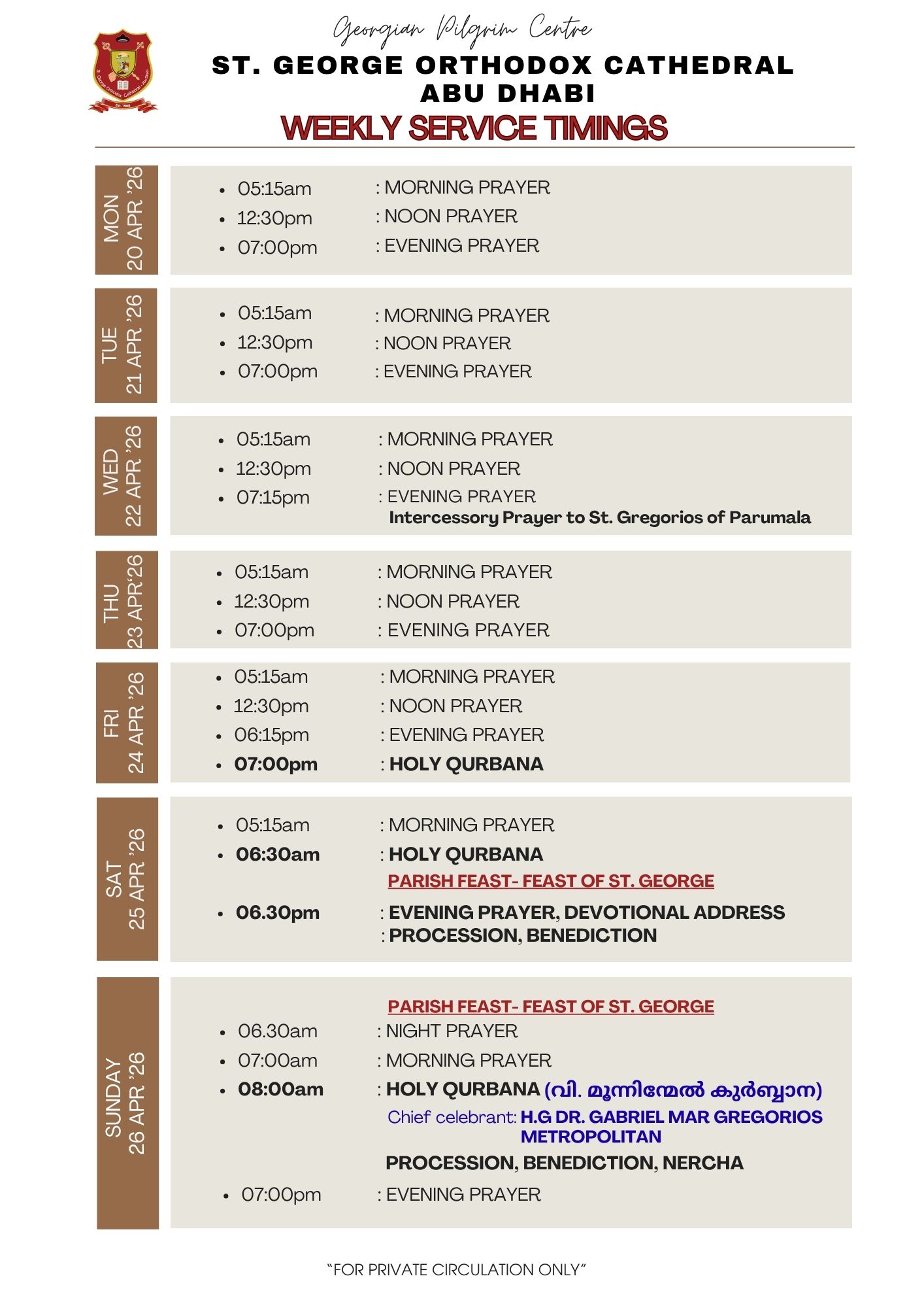 Weekly Service Timing (20th Mon - 26th Sun April'26)