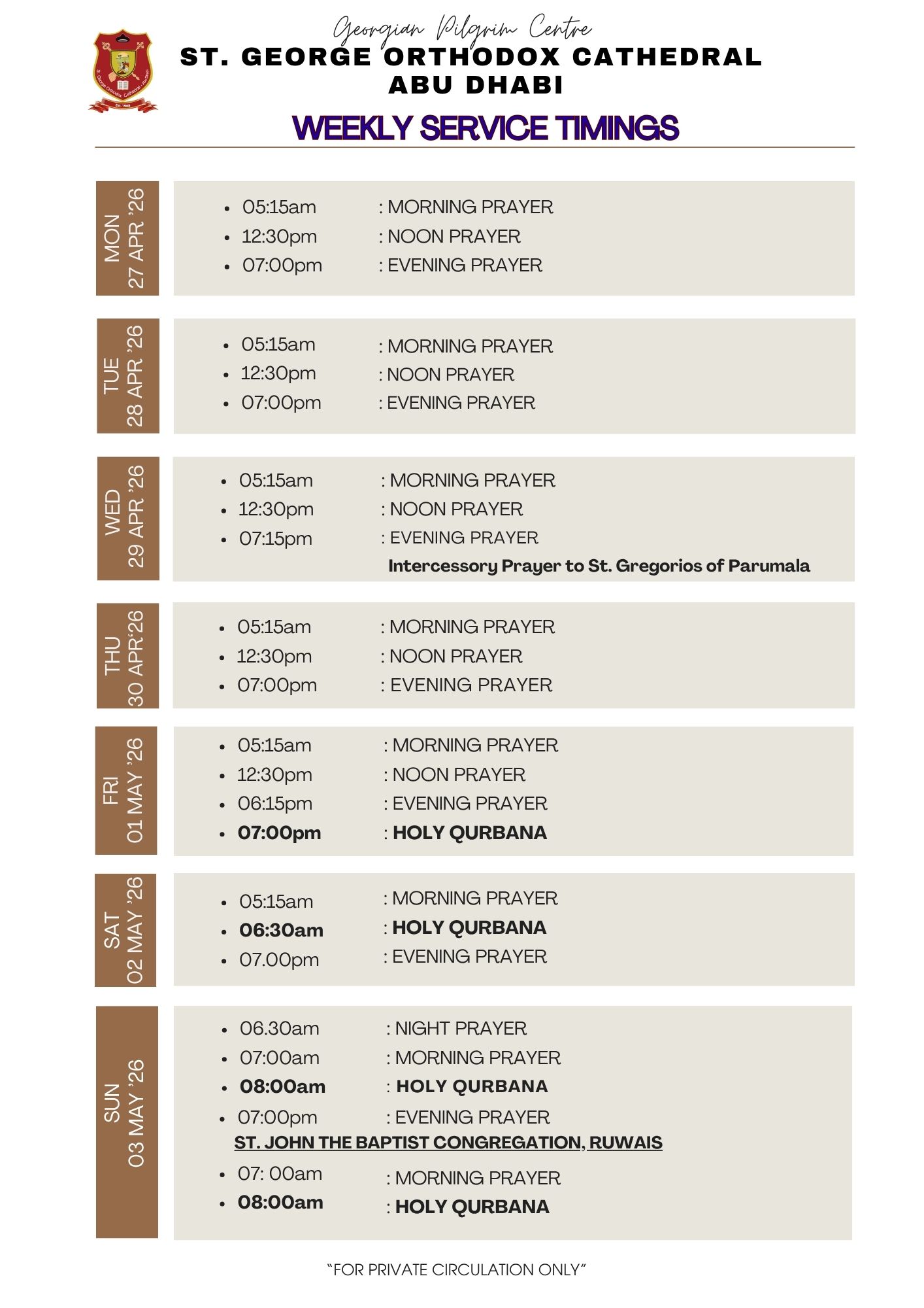 Weekly Service Timing (27 Mon April to 03 Sun, May'26)