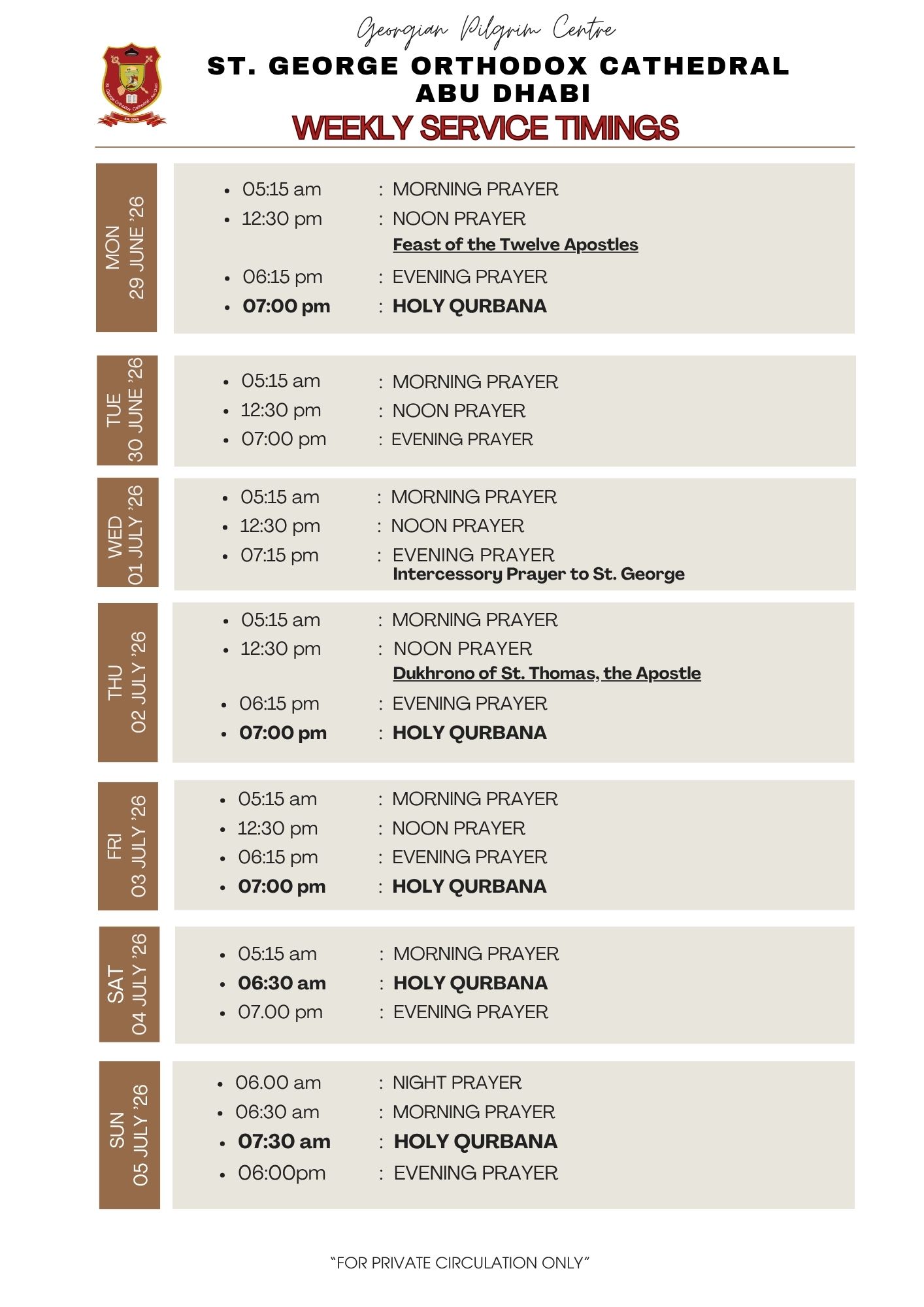 Weekly Service Timing (29 June to 05 July)