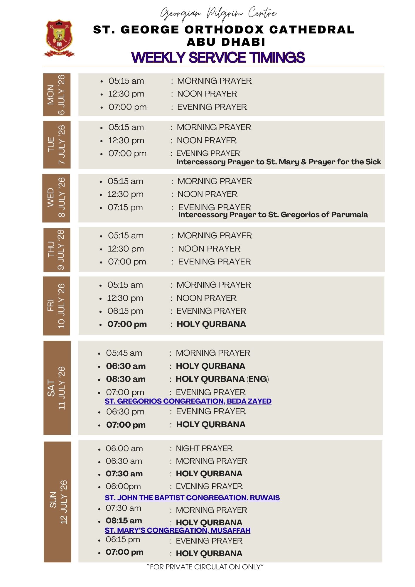 Weekly Service Timing (06 July - 12 July)