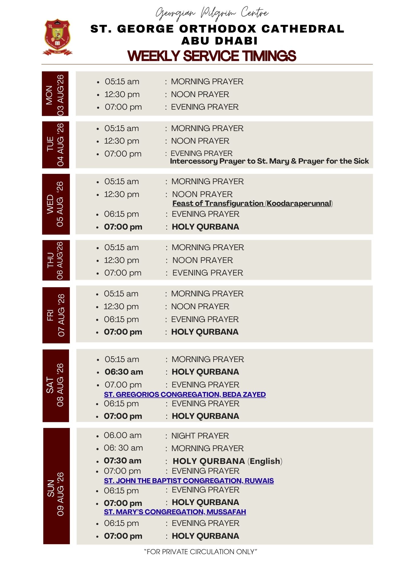 Weekly Service Timings (03 Aug -09 Aug)