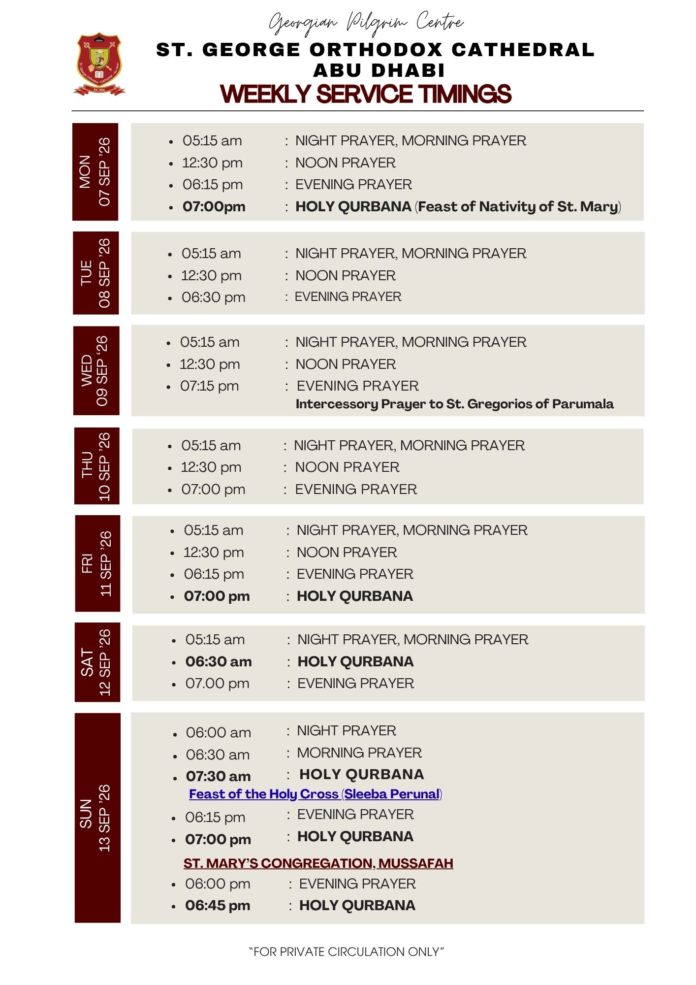 Weekly Service Timing (07 Sep to 13 Sep)