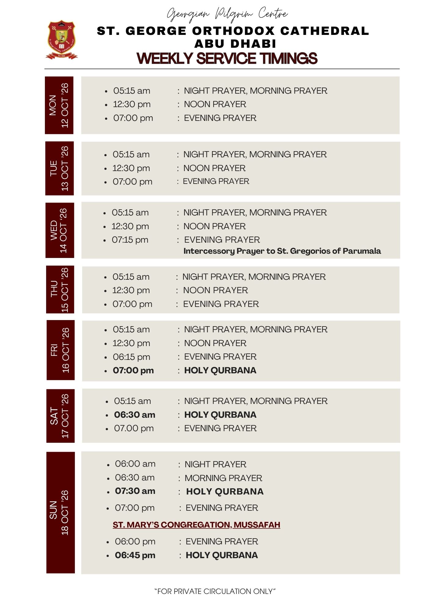 Weekly Service Timing (12 - 18 Oct 2026)