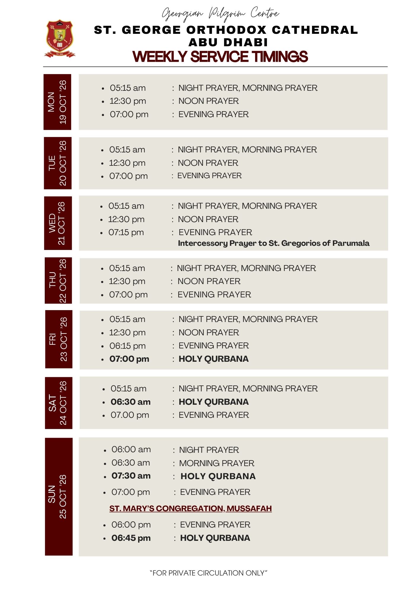 Weekly Service Timing (19 - 25 Oct 2026)